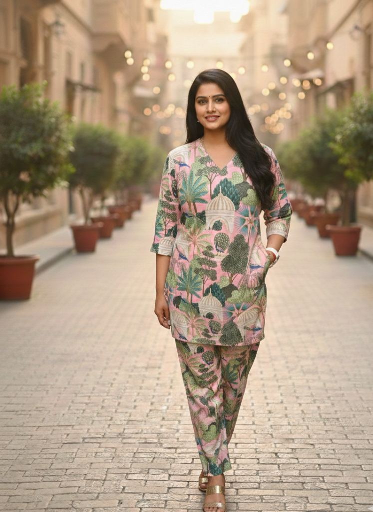 Pink Tropical Print Cotton Co-Ord Set