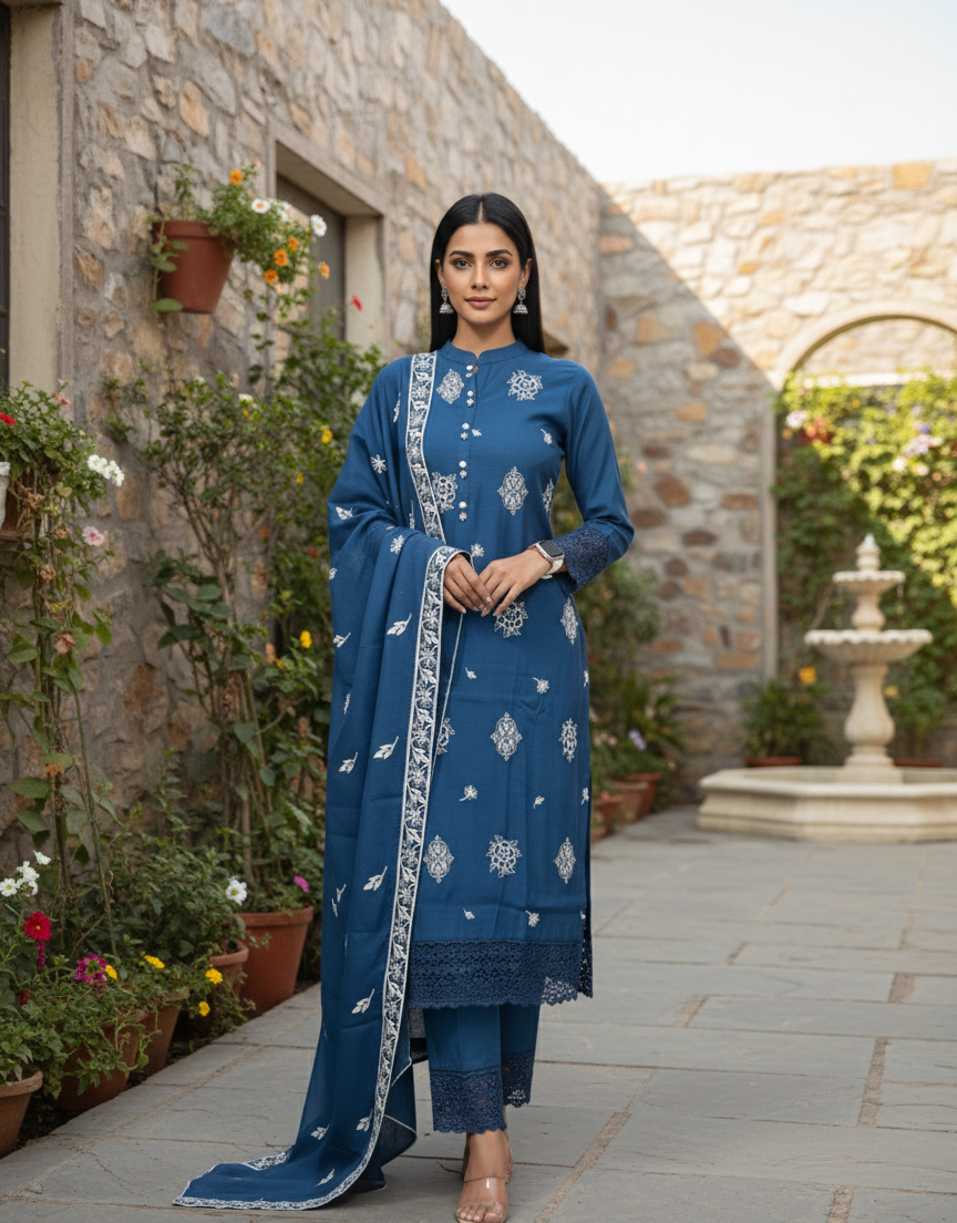 Teal Embroidered Mira Silk Straight Suit Set