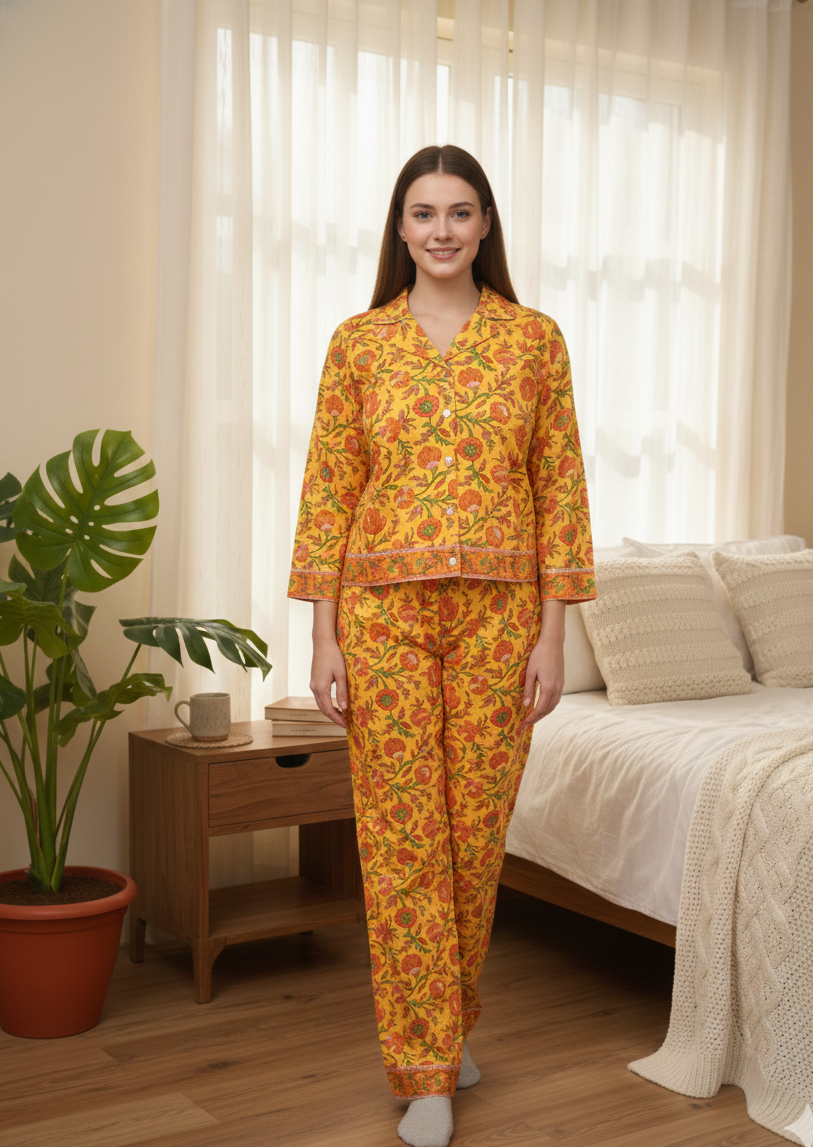 Yellow Floral Printed Cotton Co-Ord