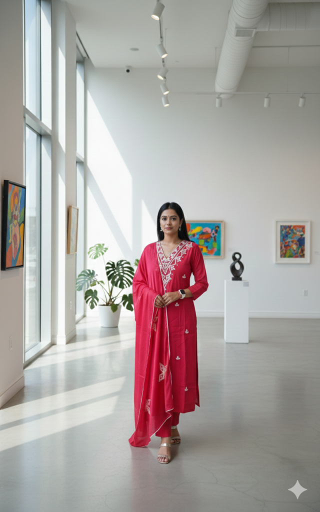 Red Embroidered Chanderi Silk Straight Suit Set with Dupatta