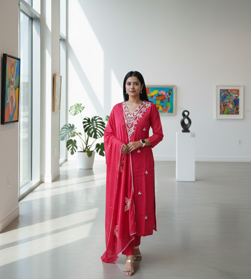Red Embroidered Chanderi Silk Straight Suit Set with Dupatta