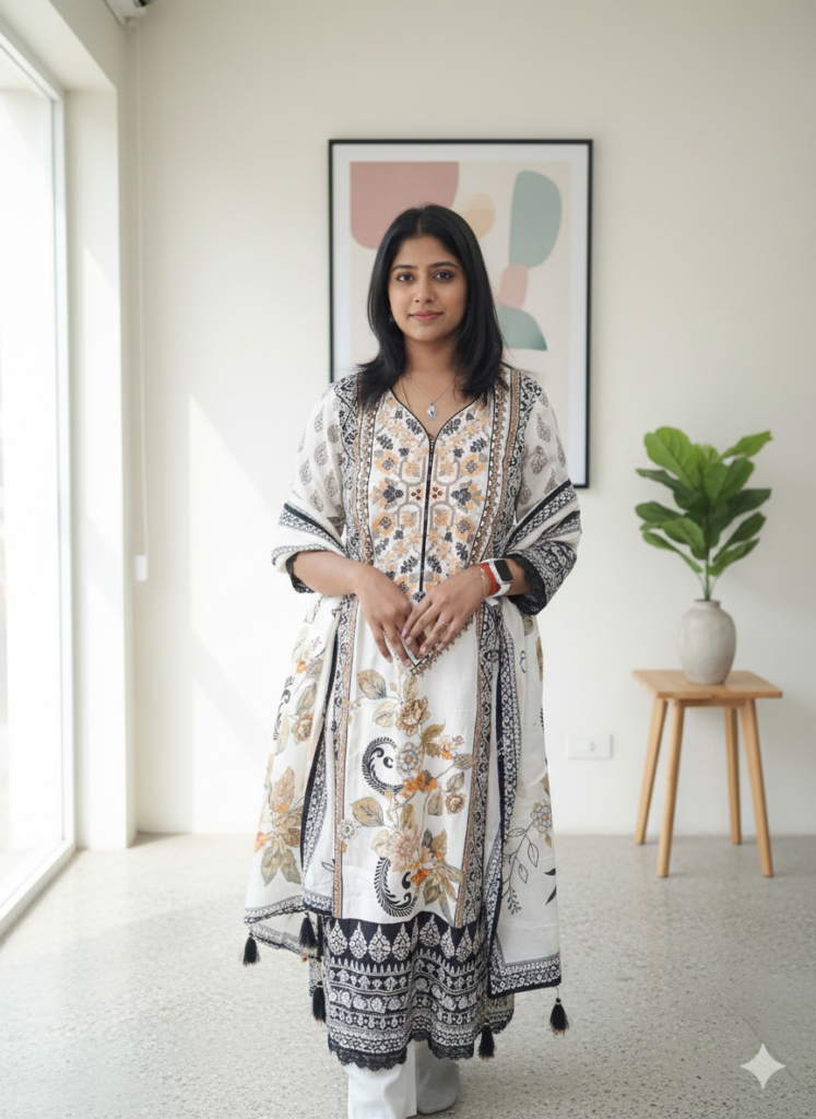 Ivory Printed Pure Cotton Kurta Pant Set with Dupatta