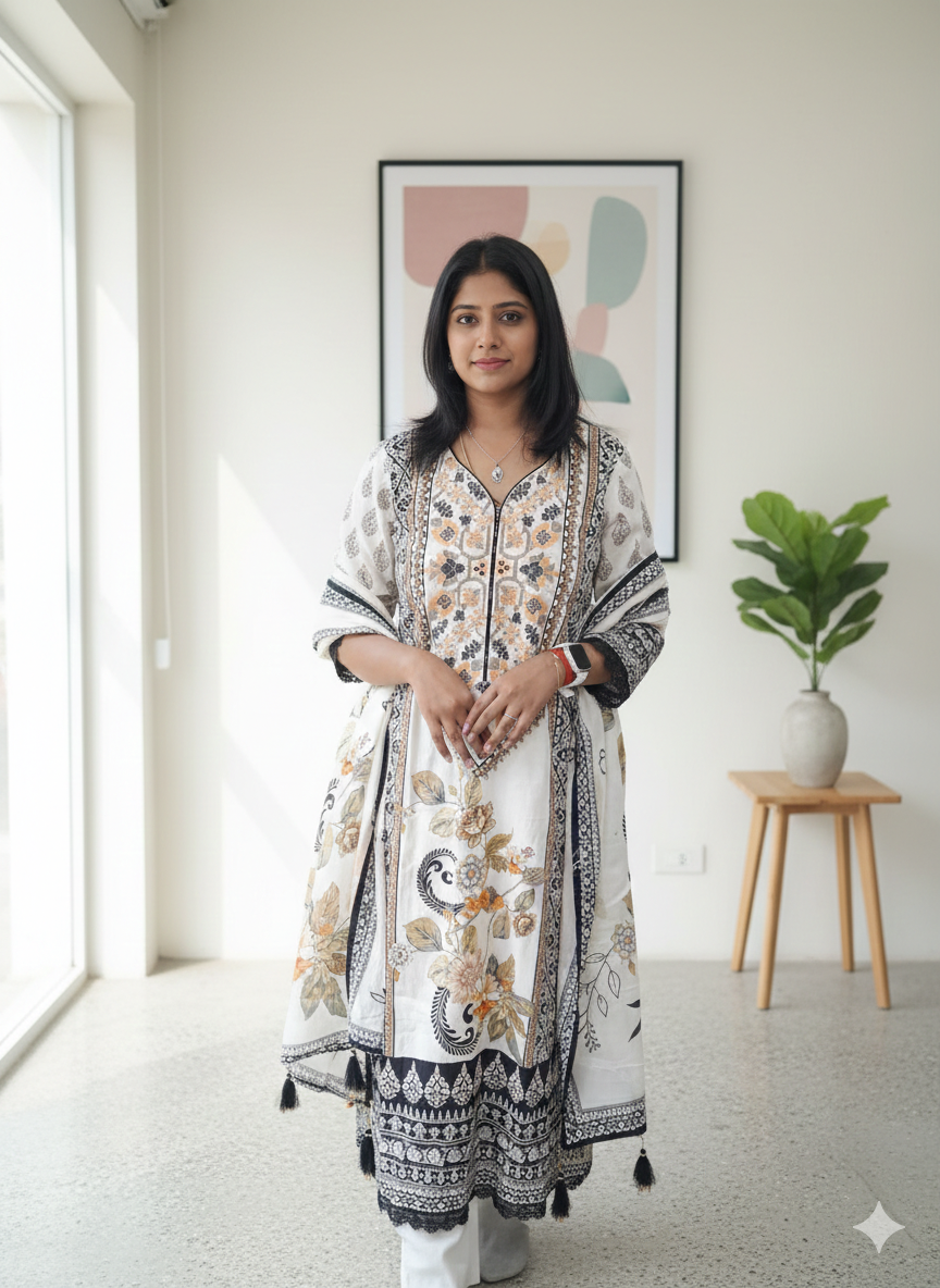 Ivory Printed Pure Cotton Kurta Pant Set with Dupatta