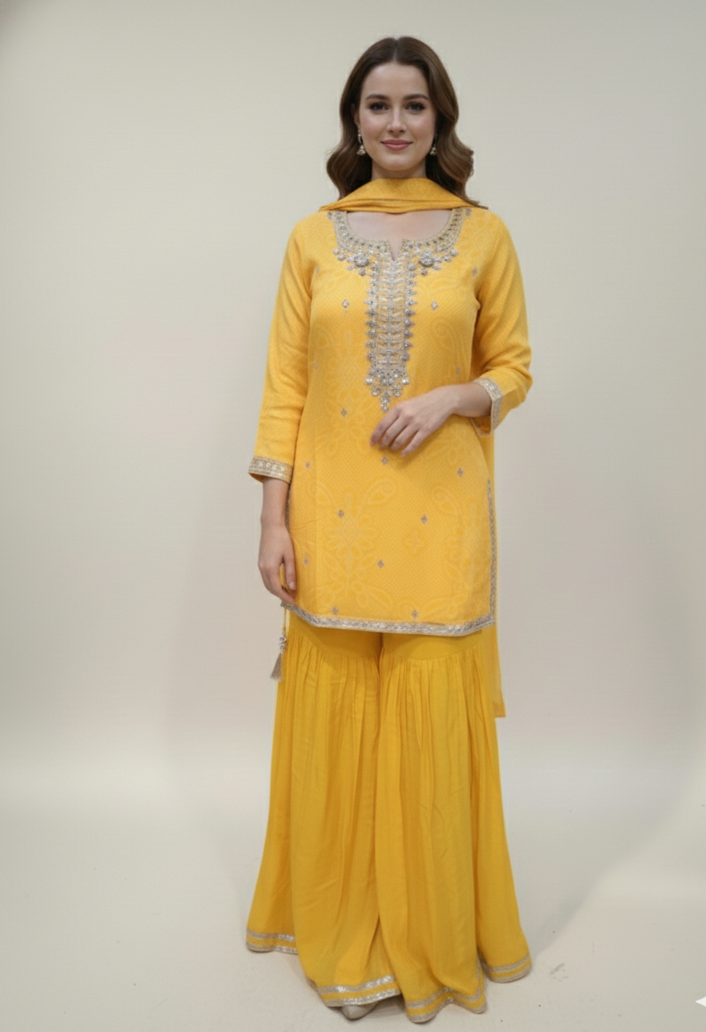 Yellow Pure Chiffon Bandhani Gharara Set