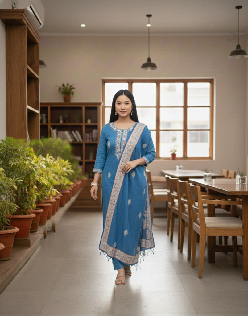 Blue Embellished Crepe Straight Party Wear Suit Set with Dupatta