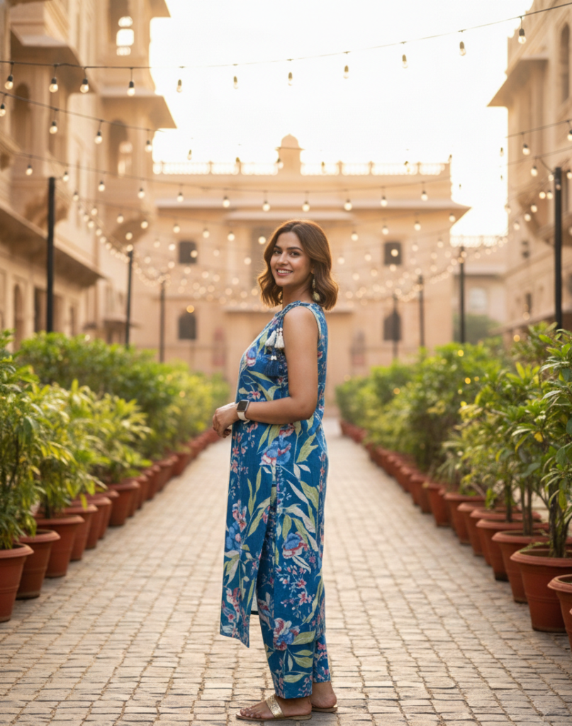 Blue Floral Printed Cotton Mix Long Co-Ord