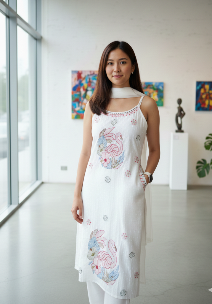 White Embroidered Pure Cotton Sleeveless Straight Suit