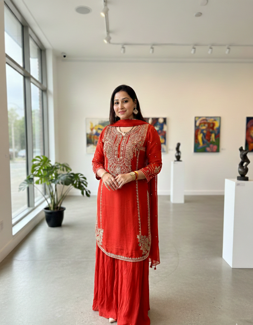 Red Heavy Embroidered Pure Georgette Straight