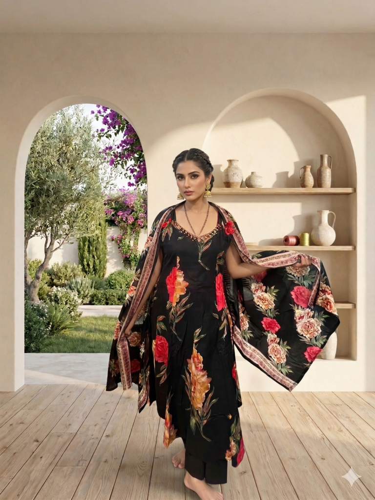 Midnight Floral Elegance Anarkali Suit Set