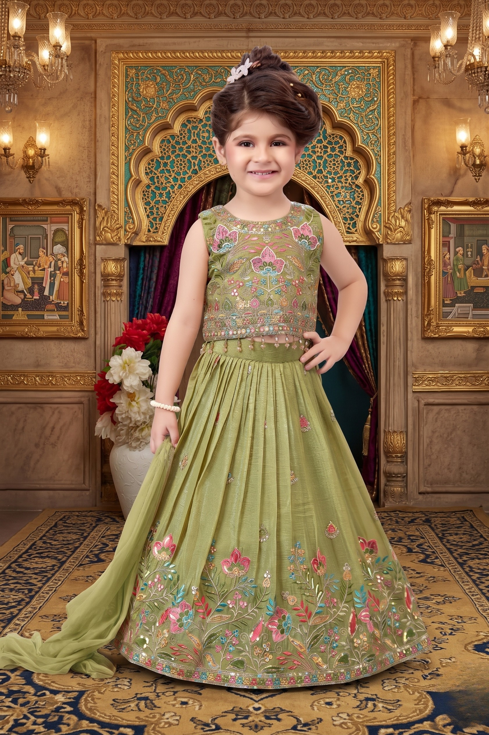 Girls Olive Green Designer Lehenga Choli Set