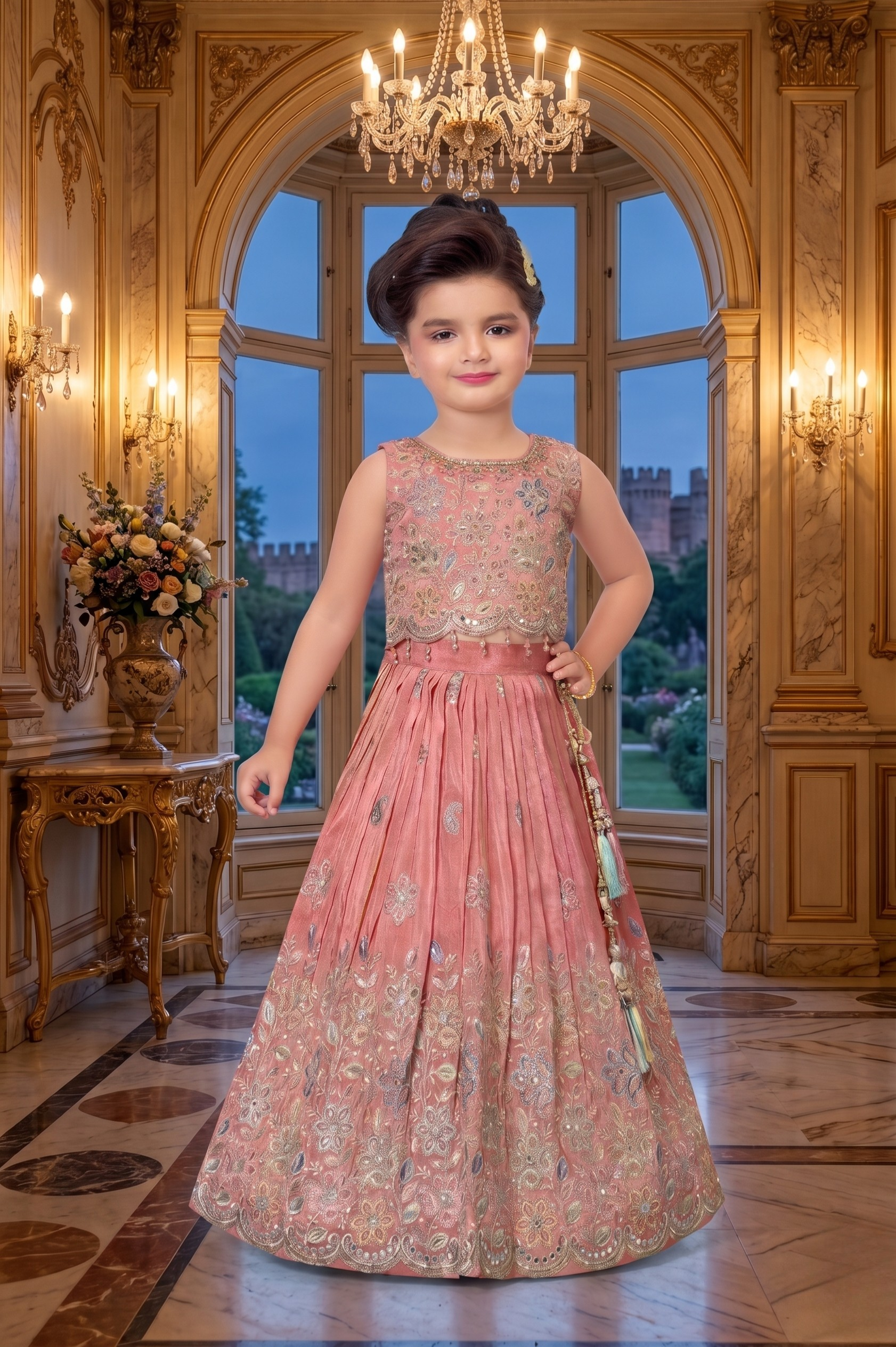 Girls Peach Pink Designer Lehenga Choli Set