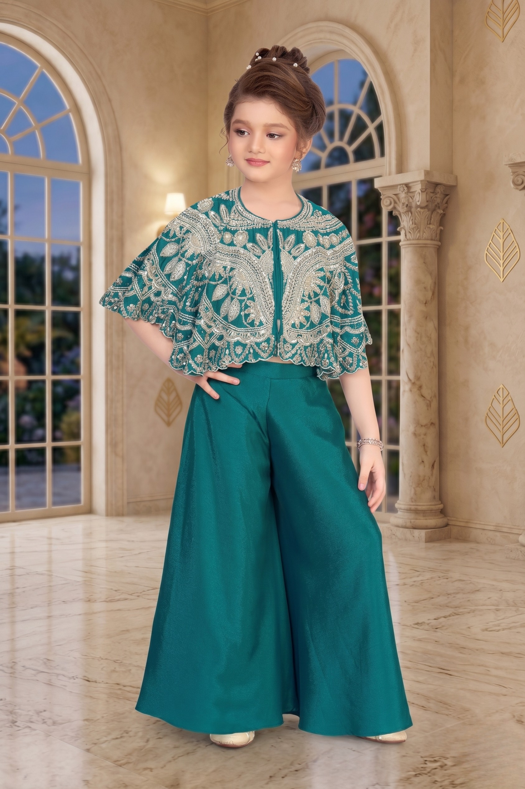 Green Designer Sharara Set with Cape