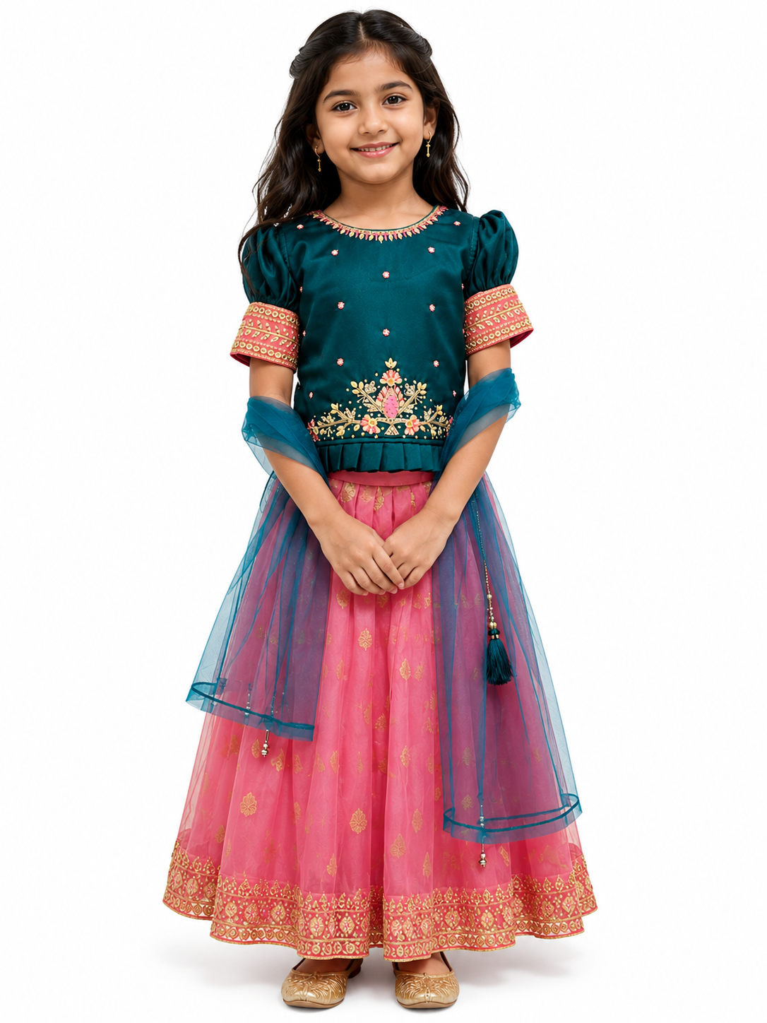 Girls Teal Blue & Pink Designer Lehenga Choli Set