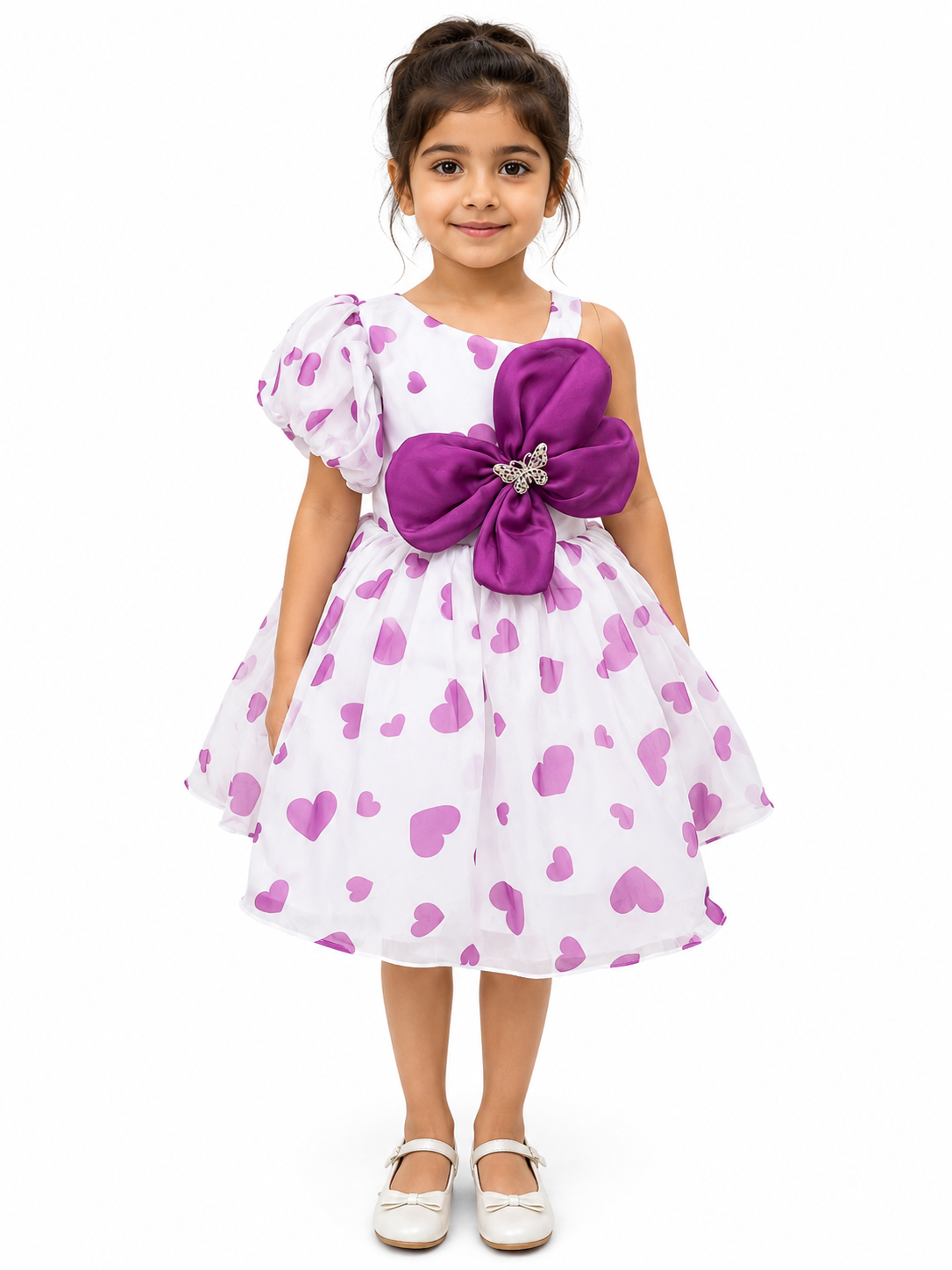 Girls White & Purple Heart Print Party Dress