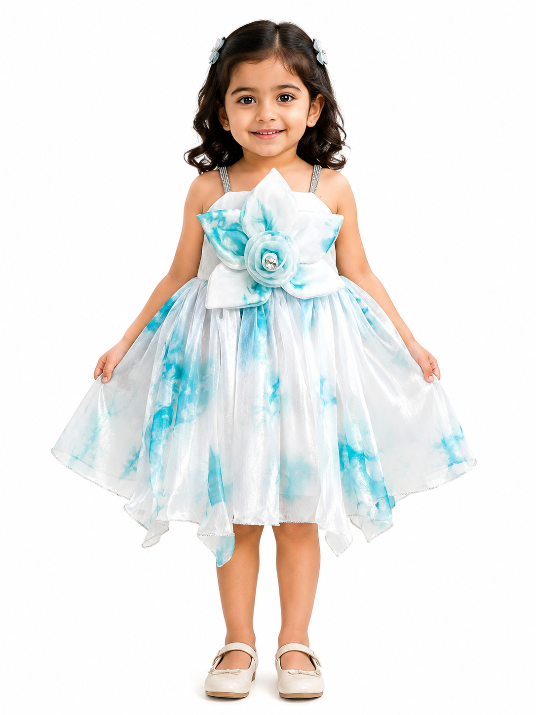Girls White & Sky Blue Floral Party Dress