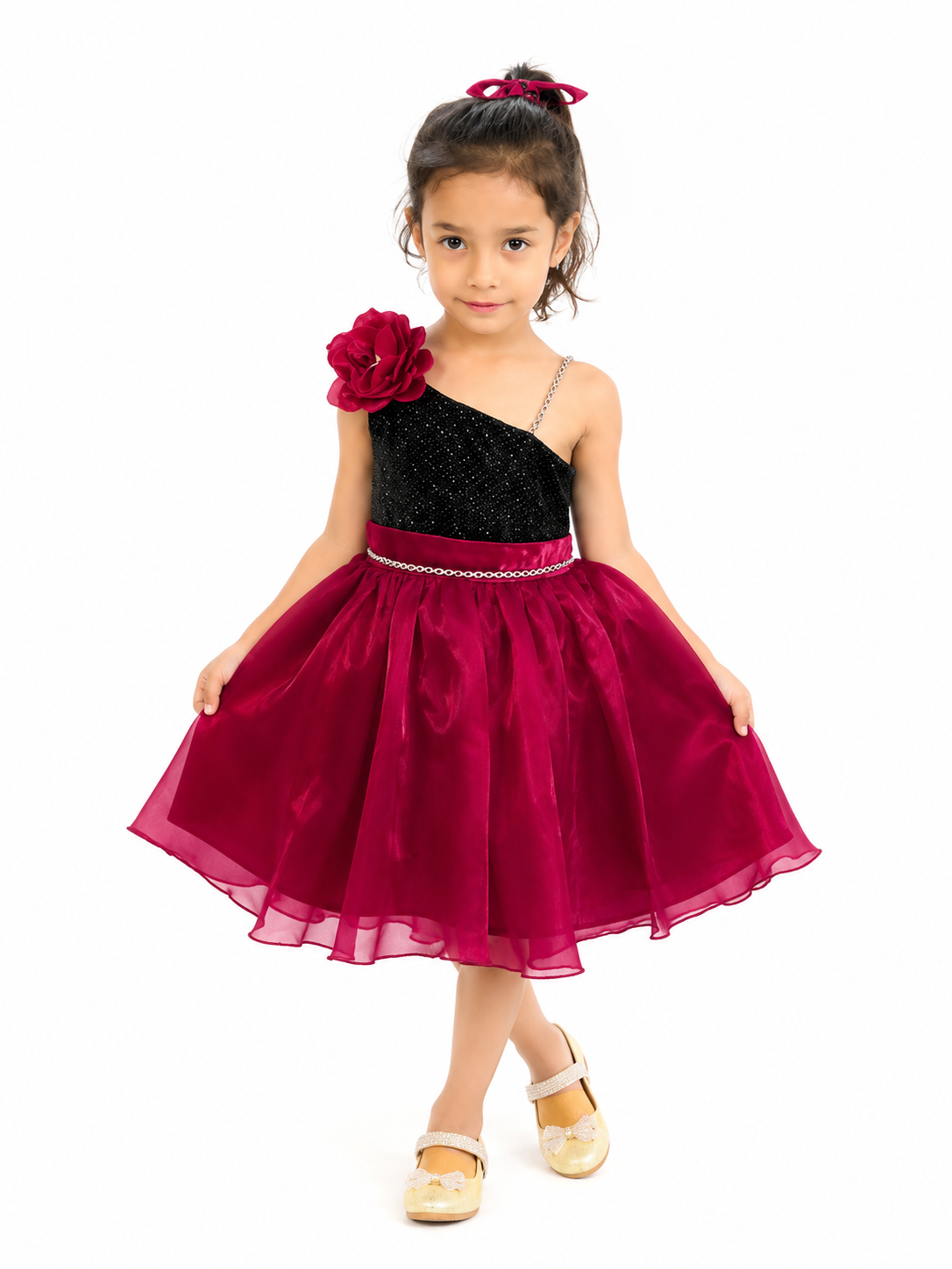 Girls Black & Wine Red One Shoulder Party Dress