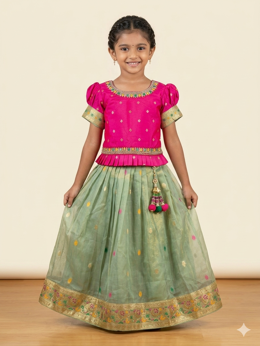 Girls Pink & Sage Green Lehenga Choli Set