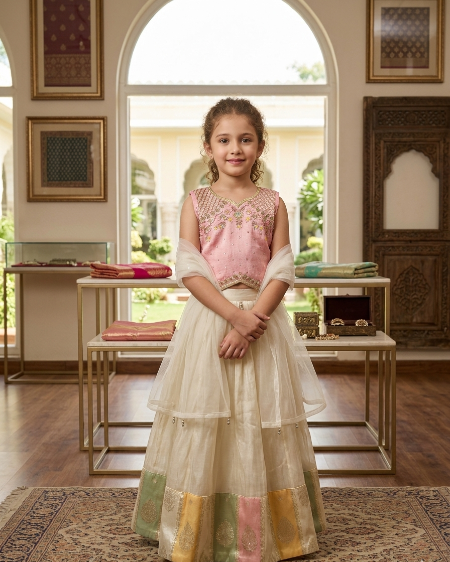 Girls Pink & Ivory Designer Lehenga Choli Set